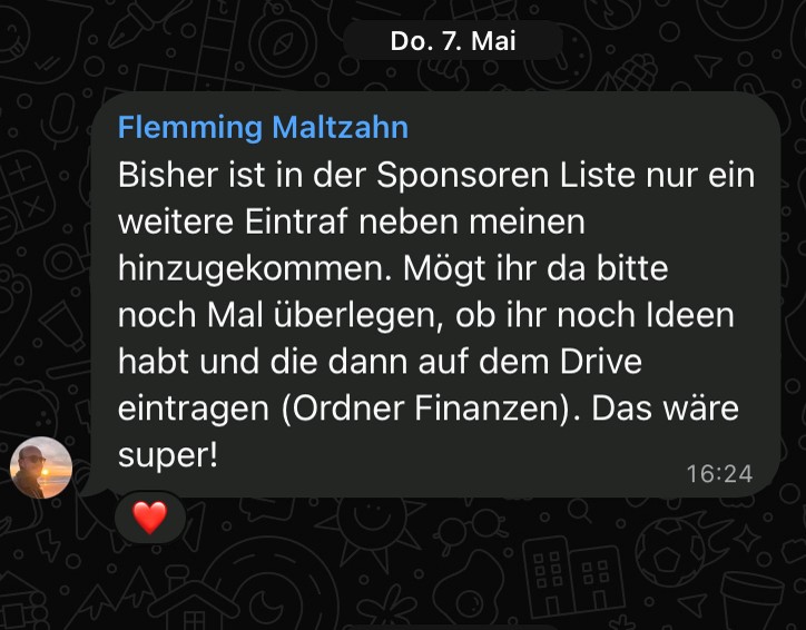 Screenshot: Flemming Maltzahn bittet um das Füllen einer Liste potentieller Sponsoren