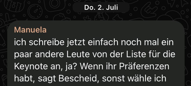 Screenshot: Manuela Niehaus kündigt an weitere potentielle Keynote-Speaker anzufragen