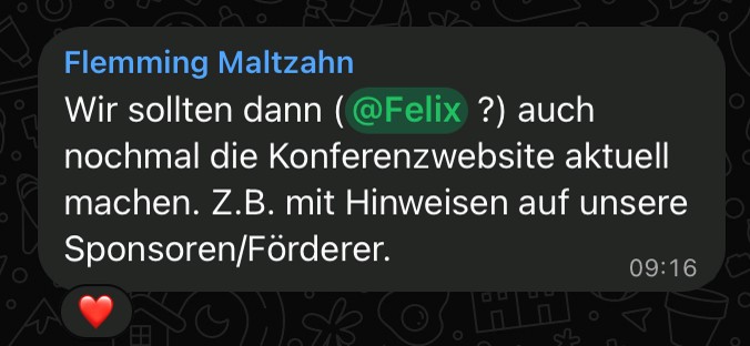 Screenshot: Flemming Maltzahn regt an, die Konferenzwebsite zu aktualisieren