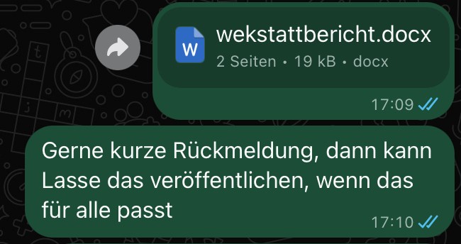 Screenshot: Felix Würkert teilt eine Datei "wekstattbericht.docx" und bitte um kurze Rückmeldung, damit Lasse Ramson den Bericht zeitnahe veröffentlichen kann