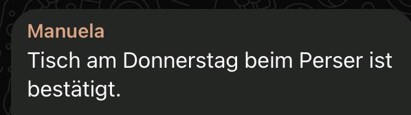 Screenshot: Manuela Niehaus informiert darüber, dass der Tisch beim Perser am Donnerstag bestätigt sei