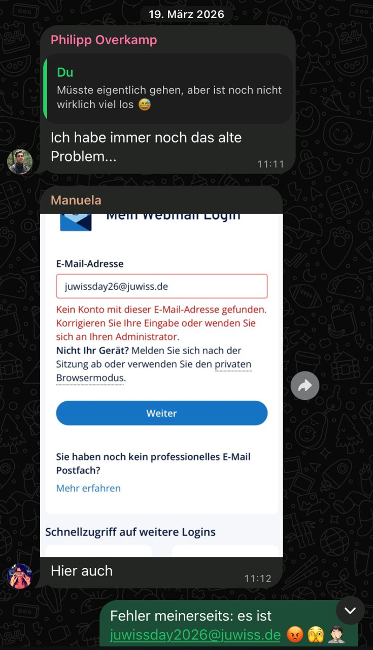 Screenshot: Philipp Overkamp, Manuela Niehaus und Flemming Maltzahn tauschen sich über Zugangsprobleme für das JuWissDay-Mailpostfach aus