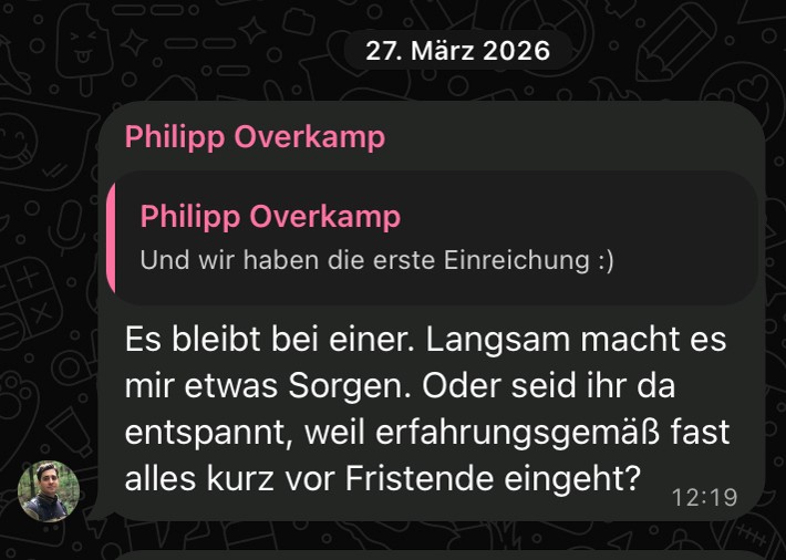 Screenshot: Philipp Overkamp berichtet über die erste Beitragseinreichung und äußert die Erfahrung, dass die meisten Einreichungen kurz vor Fristende eingehen