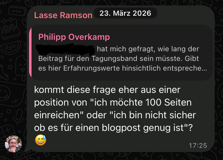 Screenshot: Philipp Overkamp und Lasse Ramson tauschen sich zur Länge der Beiträge für den Tagungsband aus