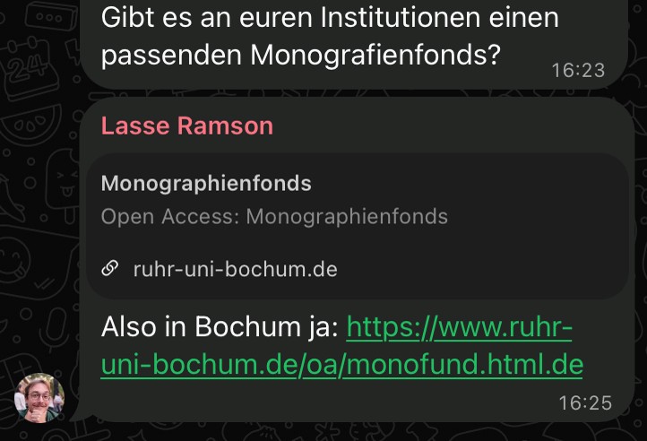Screenshot: Das Orgateam tauscht sich zu der Frage aus, ob es an ihren Institutionen Monografienfonds gibt