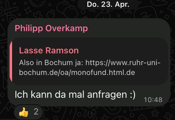 Sreenshot: Philipp Overkamp bietet an beim OA-Fund der RUB um Finanzierung für den Tagungsband anzufragen
